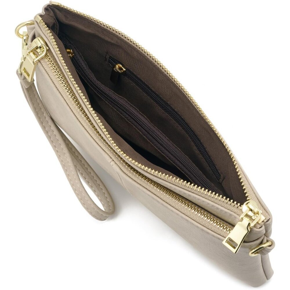 ⚡Women's Lightweight Tan Triple Zip Vegan Leather Clutch Wristlet Bag - Picture 4 of 4